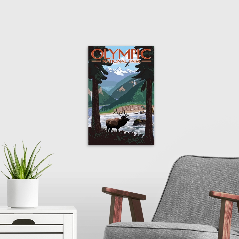 A modern room featuring Olympic National Park, Moose In Wilderness: Retro Travel Poster