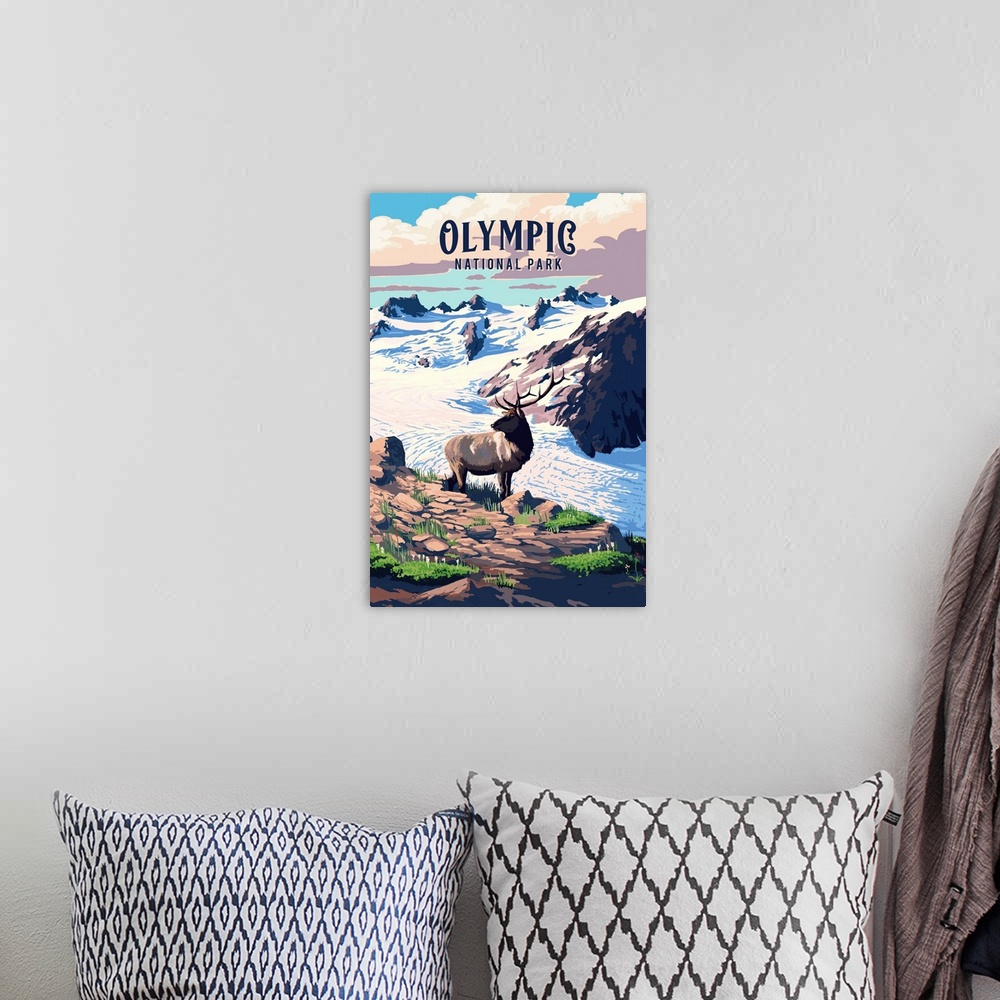 A bohemian room featuring Olympic National Park, Moose On A Snowy Mountaintop: Retro Travel Poster