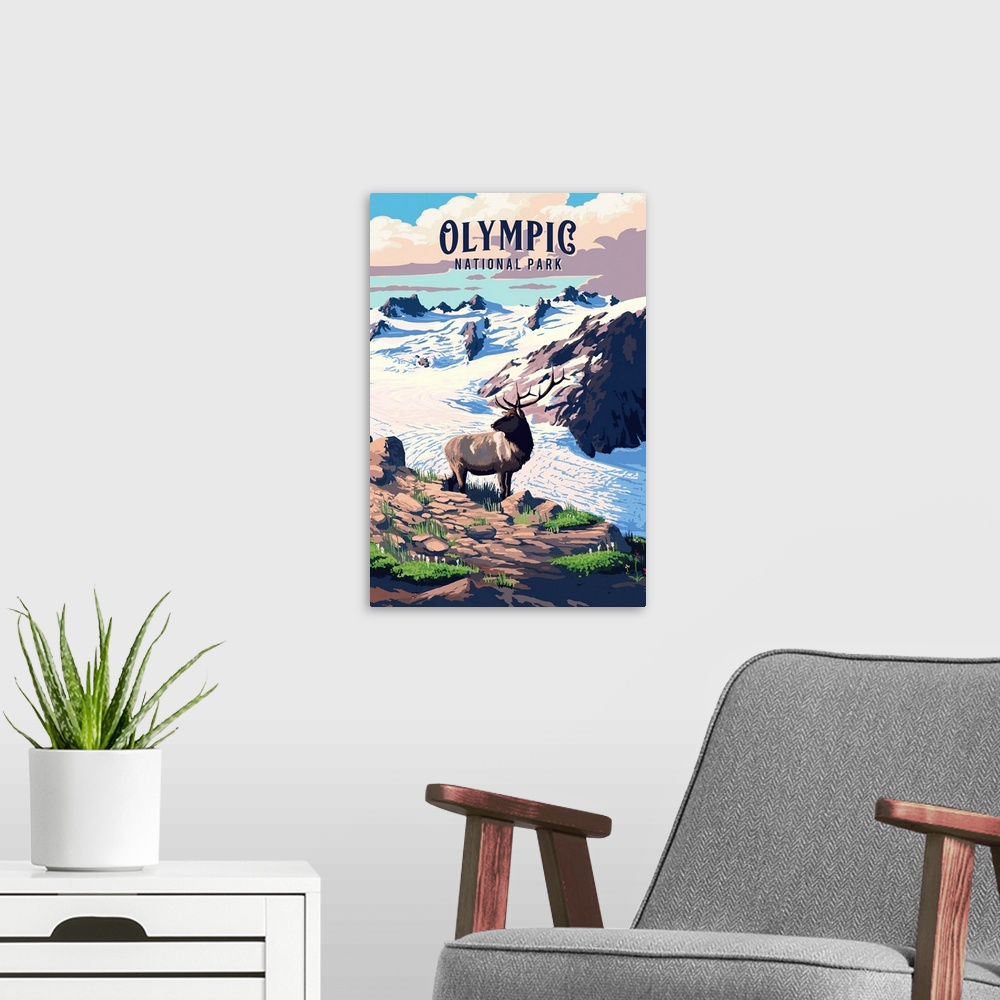 A modern room featuring Olympic National Park, Moose On A Snowy Mountaintop: Retro Travel Poster
