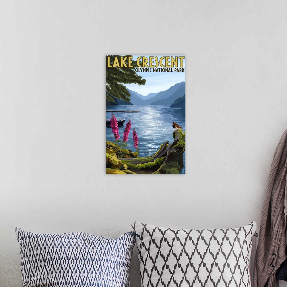 A bohemian room featuring Olympic National Park, Washington - Lake Crescent: Retro Travel Poster