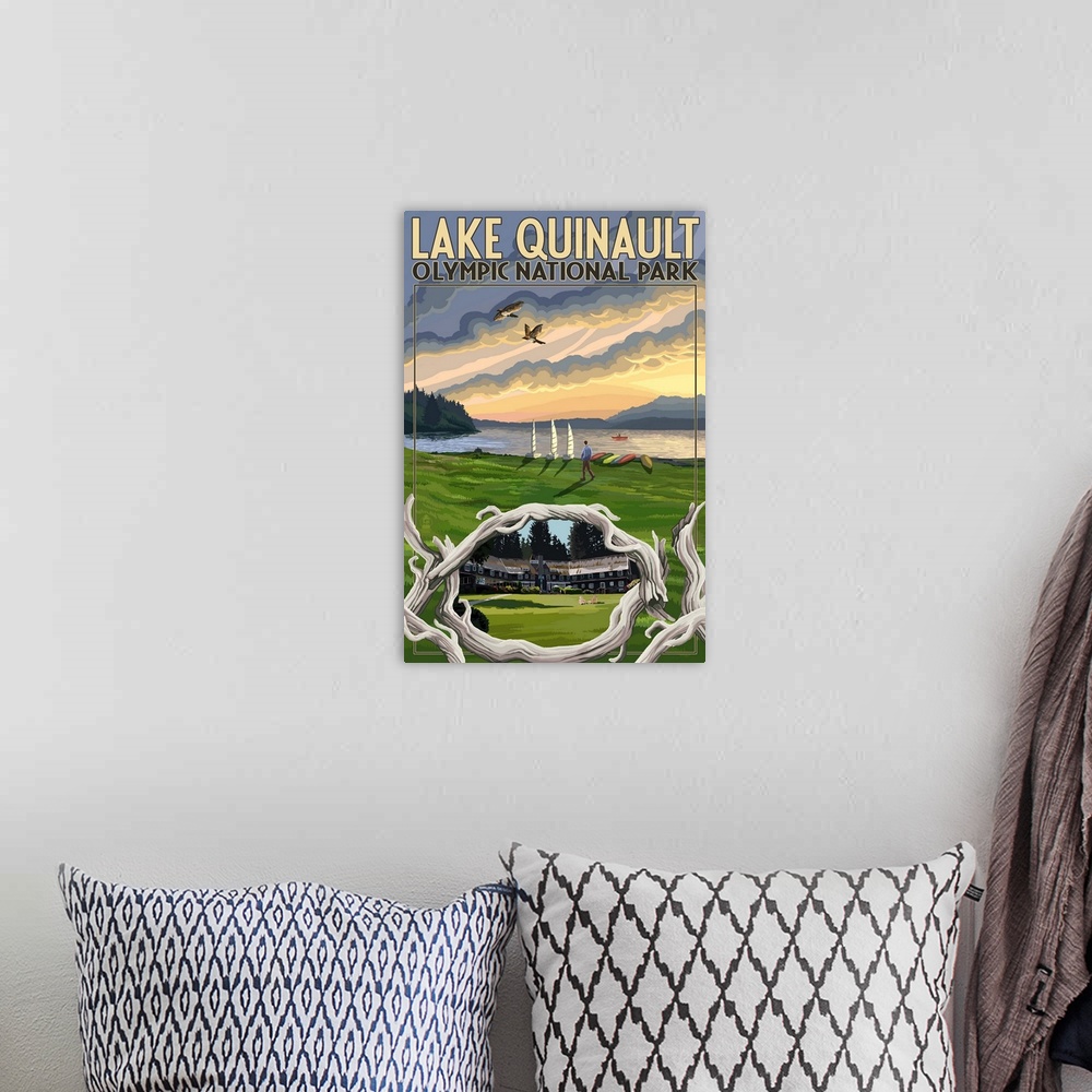 A bohemian room featuring Olympic National Park, Washington - Lake Quinault: Retro Travel Poster