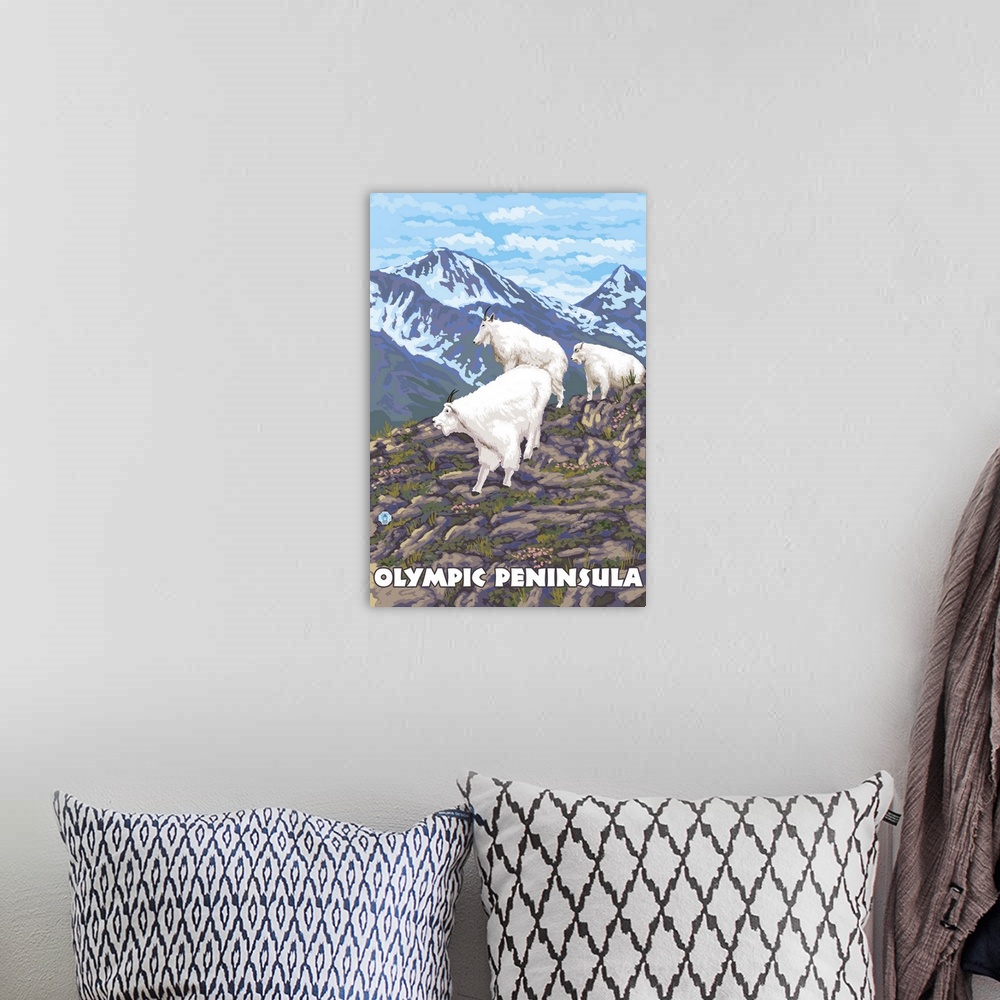 A bohemian room featuring Olympic Peninsula - Mountain Goats: Retro Travel Poster