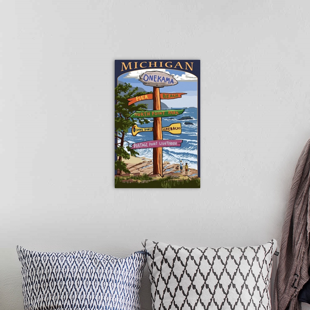A bohemian room featuring Onekama, Michigan - Sign Post: Retro Travel Poster