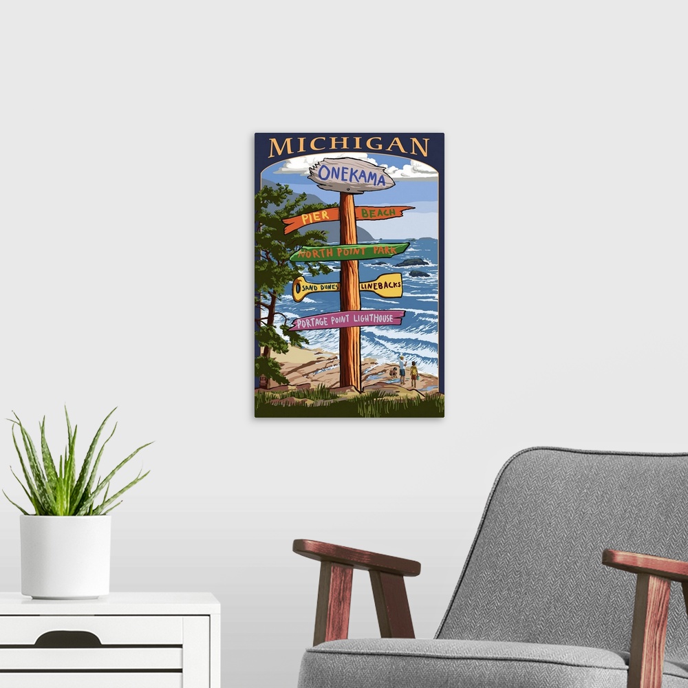 A modern room featuring Onekama, Michigan - Sign Post: Retro Travel Poster
