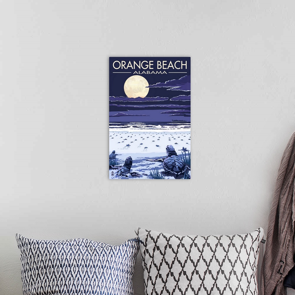 A bohemian room featuring Orange Beach, Alabama - Baby Sea Turtles: Retro Travel Poster