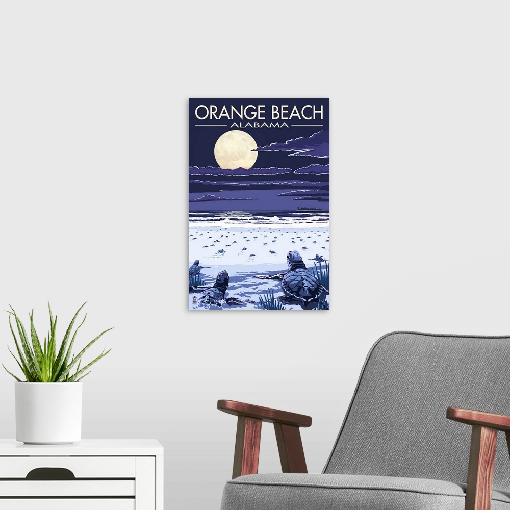 A modern room featuring Orange Beach, Alabama - Baby Sea Turtles: Retro Travel Poster