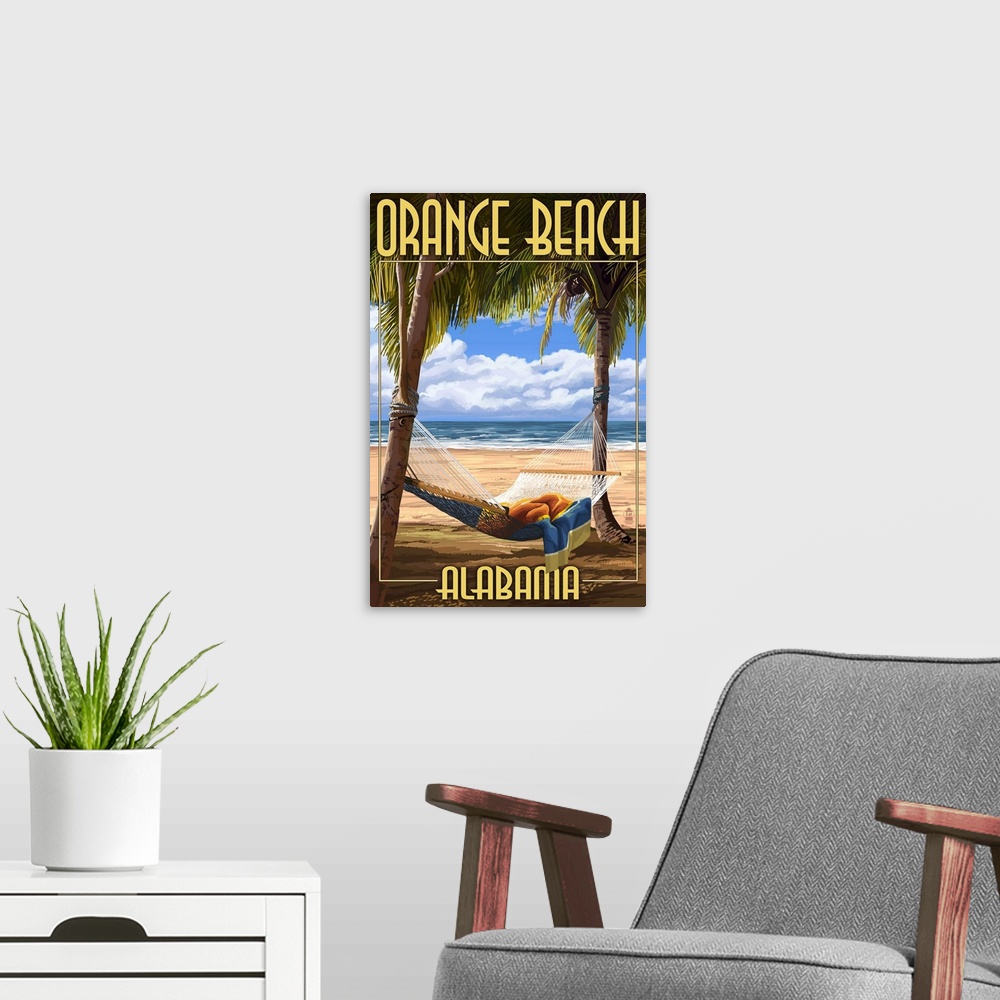 A modern room featuring Orange Beach, Alabama - Hammock Scene: Retro Travel Poster