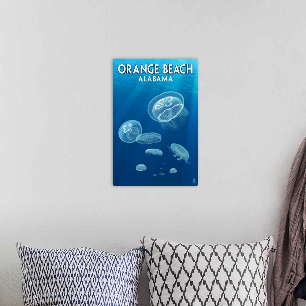 A bohemian room featuring Orange Beach, Alabama - Jellyfish Scene: Retro Travel Poster