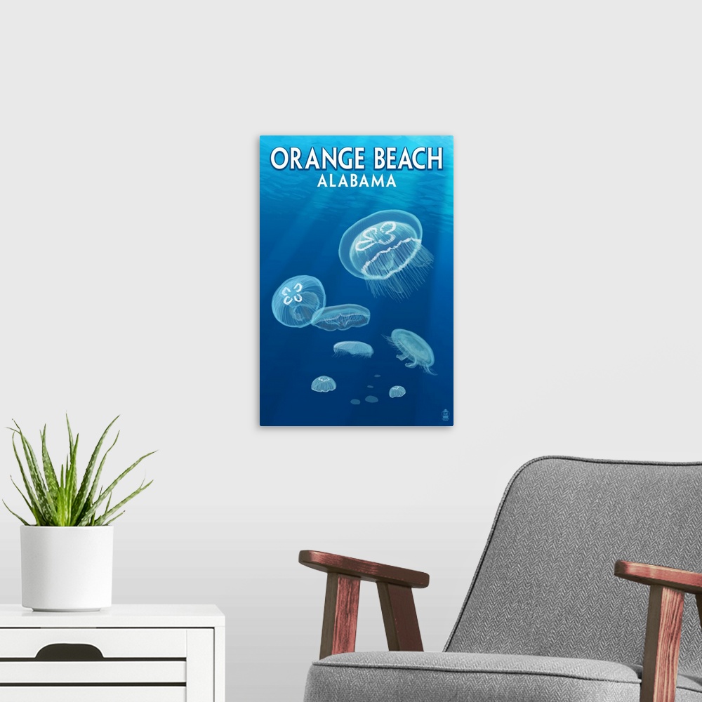A modern room featuring Orange Beach, Alabama - Jellyfish Scene: Retro Travel Poster