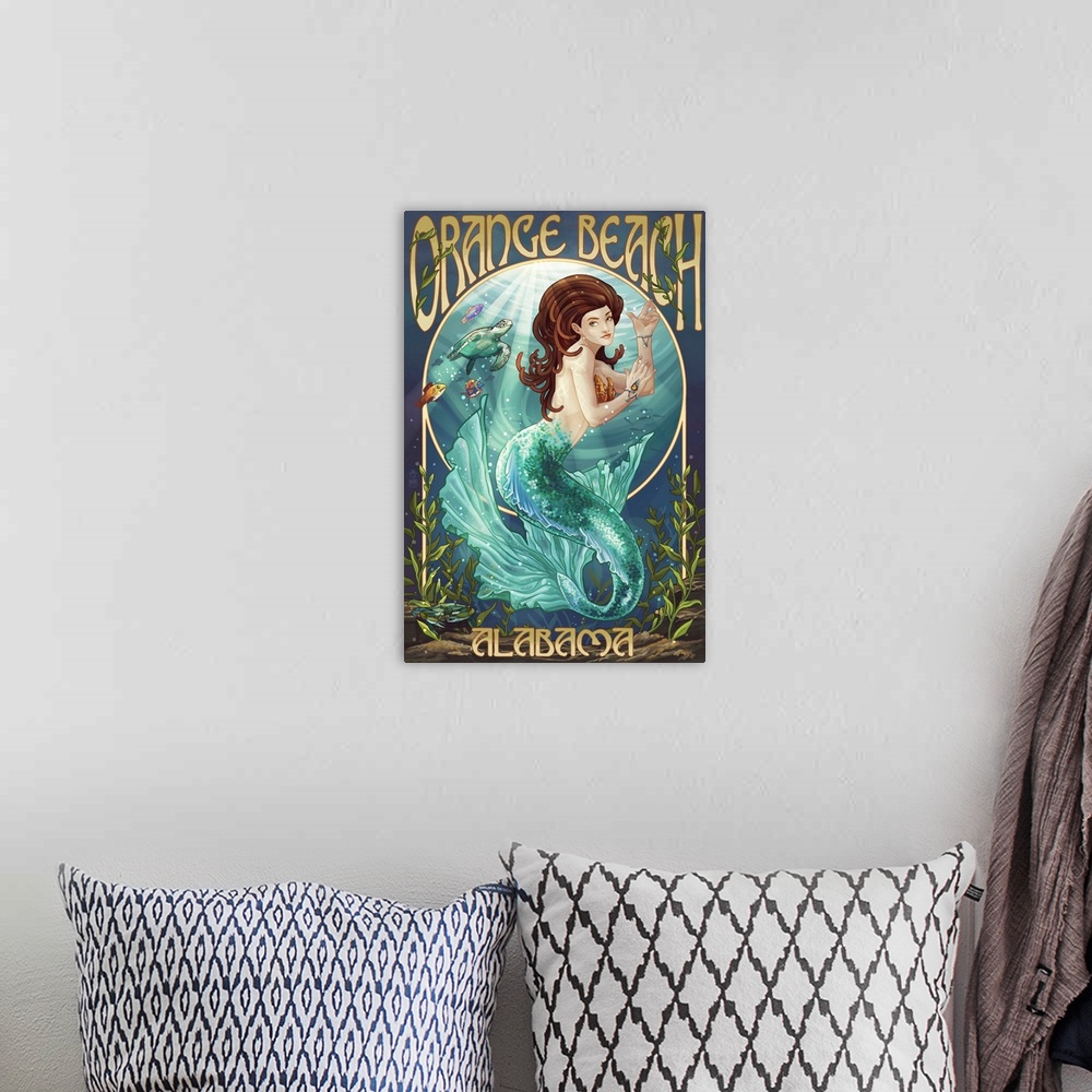 A bohemian room featuring Orange Beach, Alabama - Mermaid: Retro Travel Poster