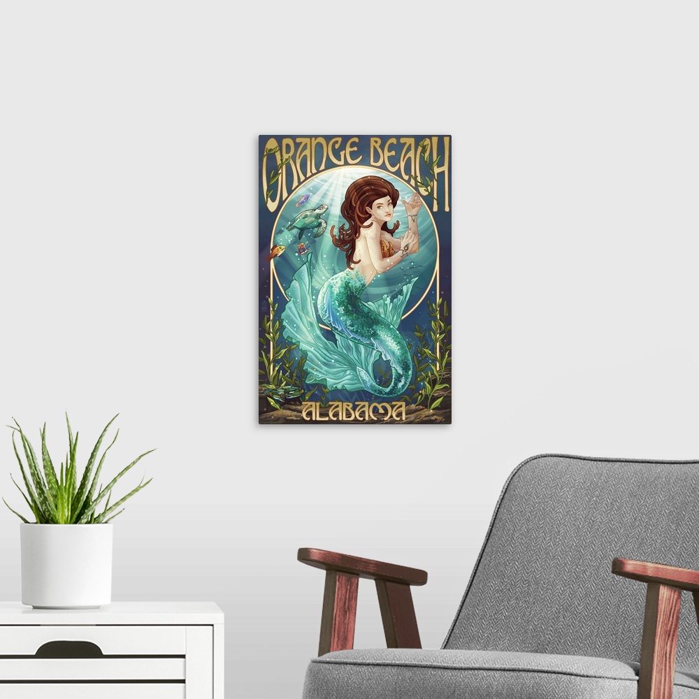 A modern room featuring Orange Beach, Alabama - Mermaid: Retro Travel Poster