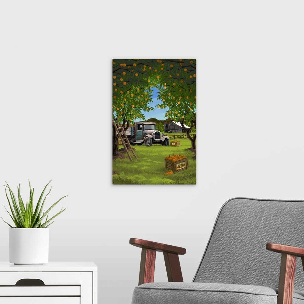 A modern room featuring Retro stylized art poster of an orange orchard in harvest, with an old wooden ladder and vintage ...