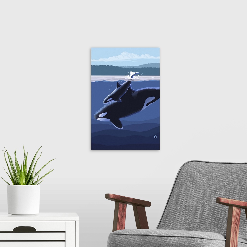 A modern room featuring Orca and Calf (Hills): Retro Travel Poster