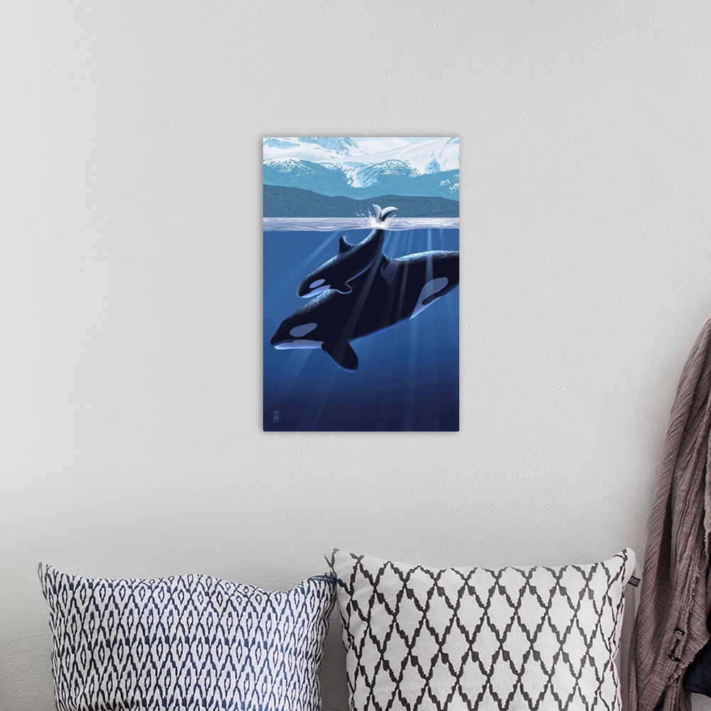A bohemian room featuring Orca and Calf (Mountains): Retro Poster Art