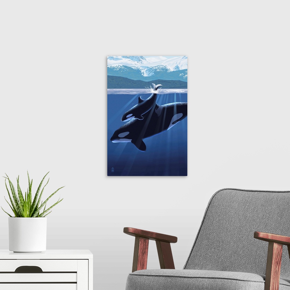 A modern room featuring Orca and Calf (Mountains): Retro Poster Art