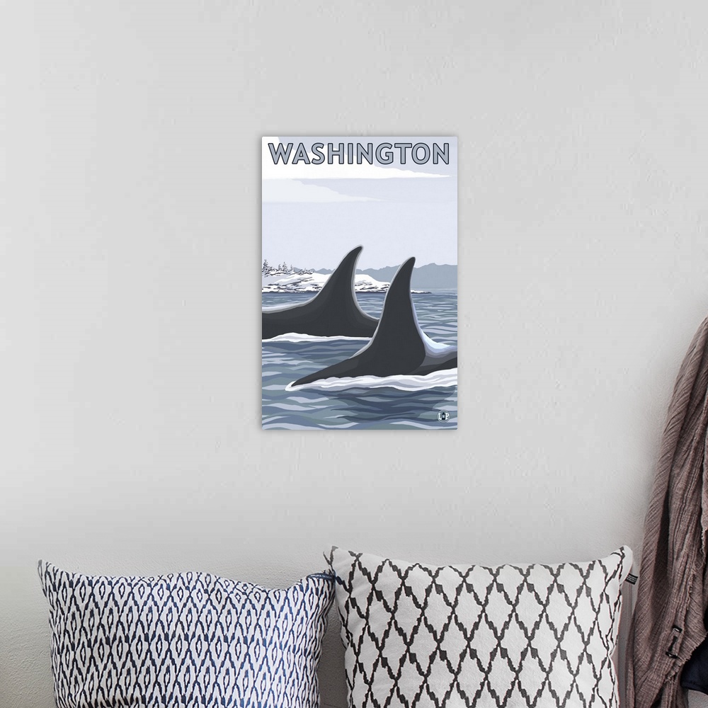 A bohemian room featuring Orca Fins and Snow - Washington: Retro Travel Poster