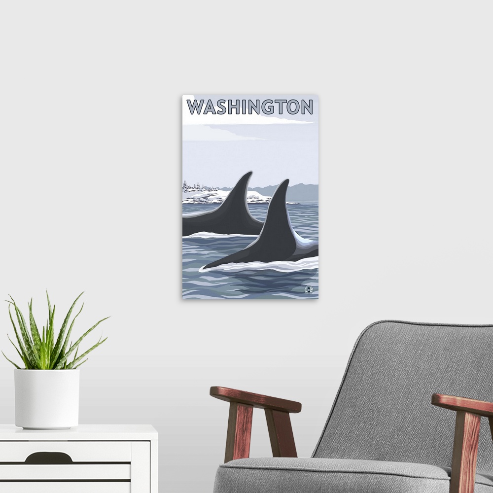A modern room featuring Orca Fins and Snow - Washington: Retro Travel Poster