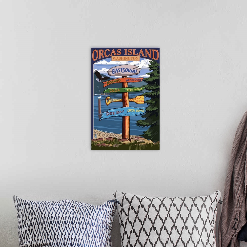 A bohemian room featuring Orcas Island, WA - Destination Sign: Retro Travel Poster