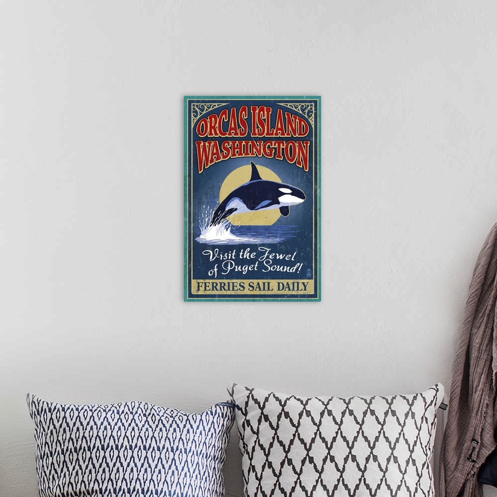 A bohemian room featuring Orcas Island, WA - Orca Whale Vintage Sign: Retro Travel Poster