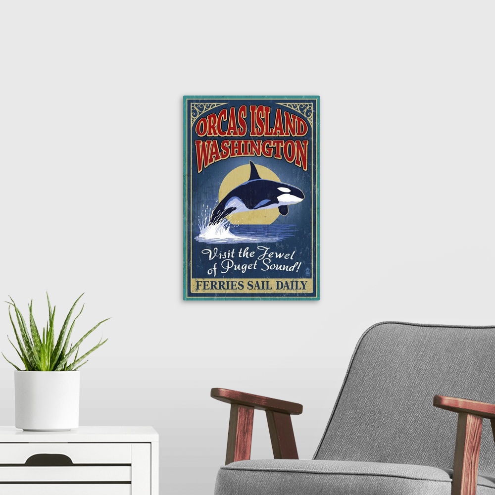 A modern room featuring Orcas Island, WA - Orca Whale Vintage Sign: Retro Travel Poster