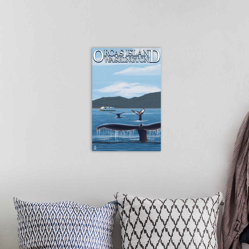 A bohemian room featuring Orcas Island, WA - Whales and Ferry: Retro Travel Poster