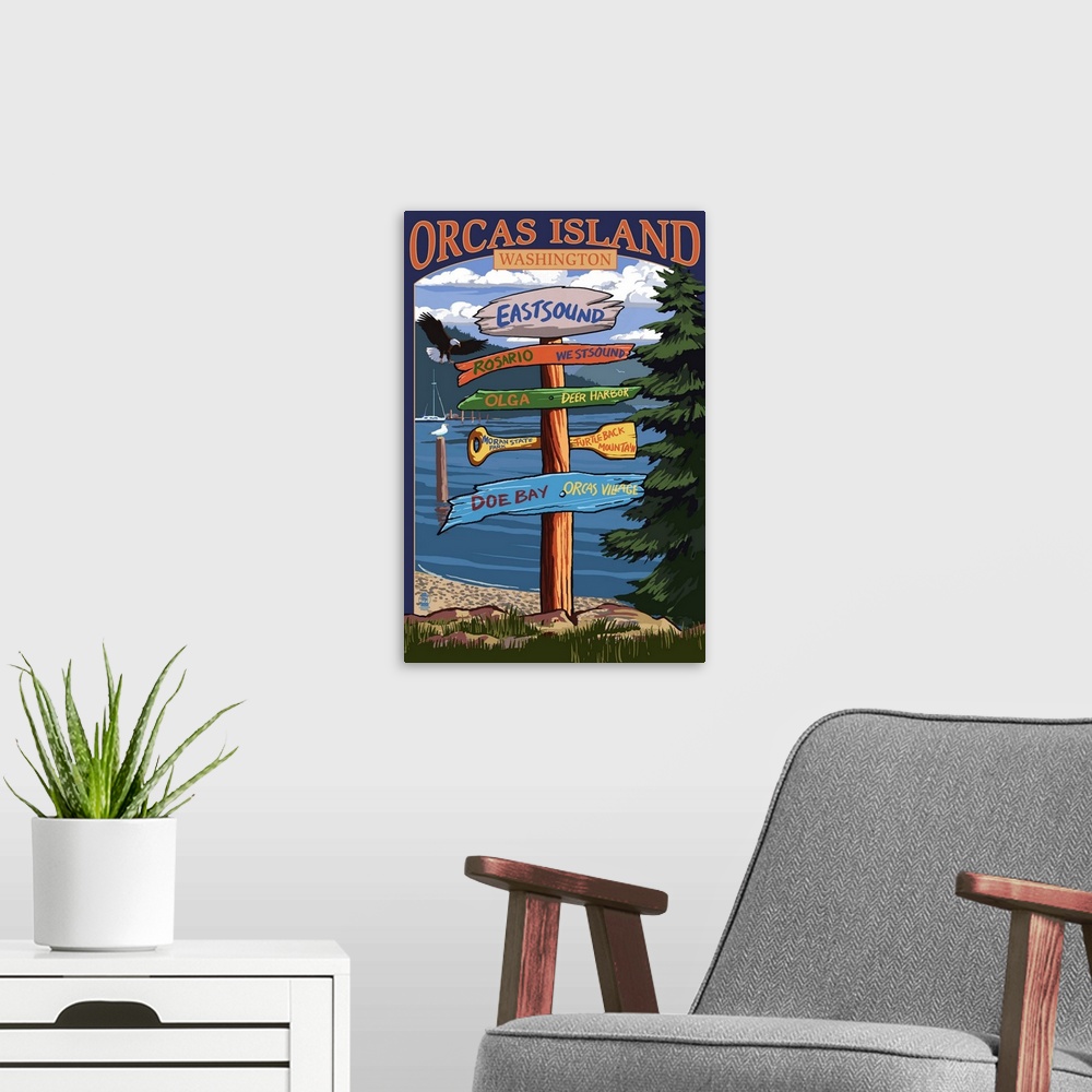 A modern room featuring Orcas Island, Washington, Destination Sign