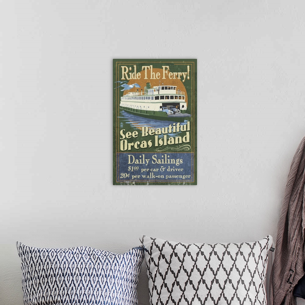 A bohemian room featuring Orcas Island, Washington - Ferry Ride Vintage Sign: Retro Travel Poster