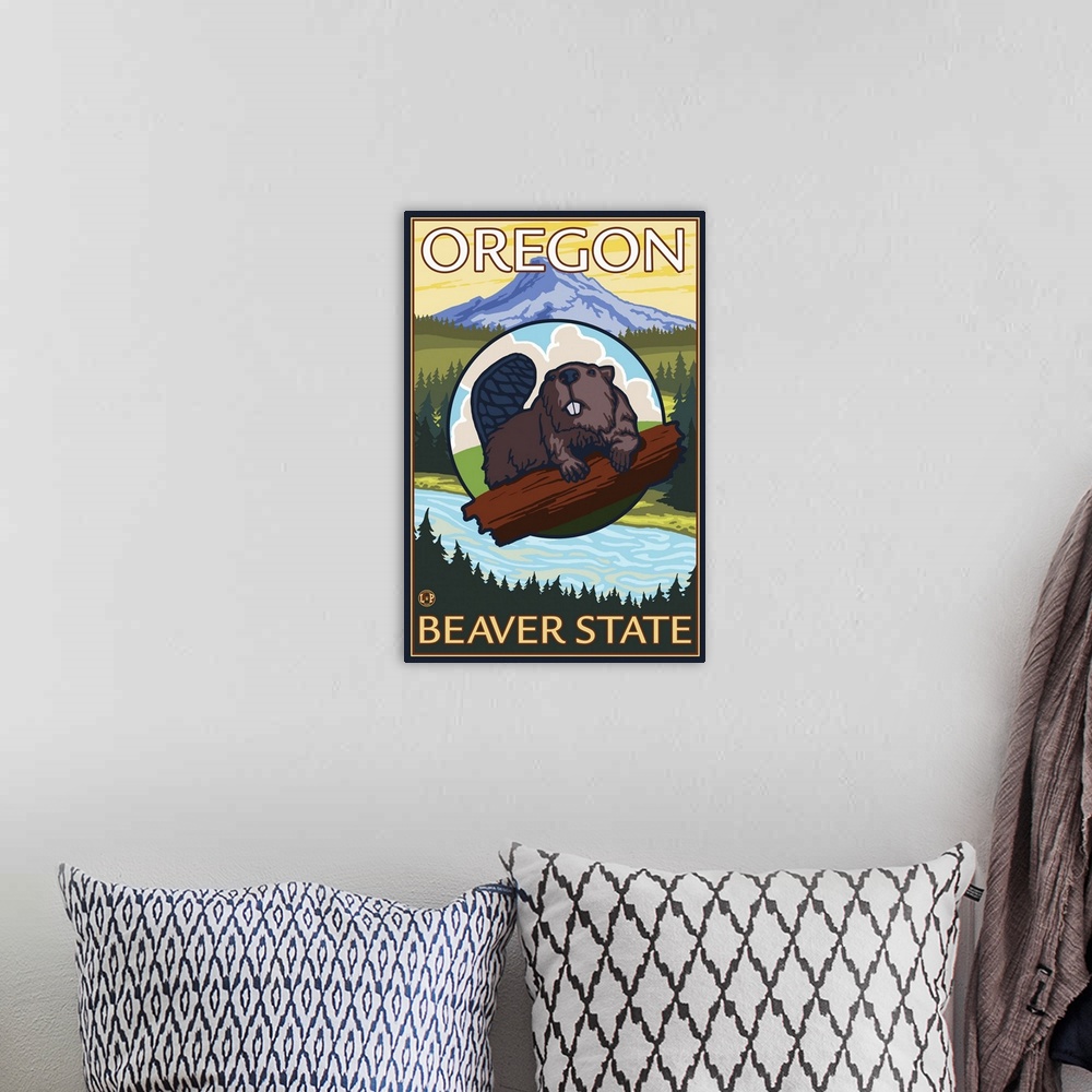 A bohemian room featuring Oregon Beaver - Mount Hood: Retro Travel Poster