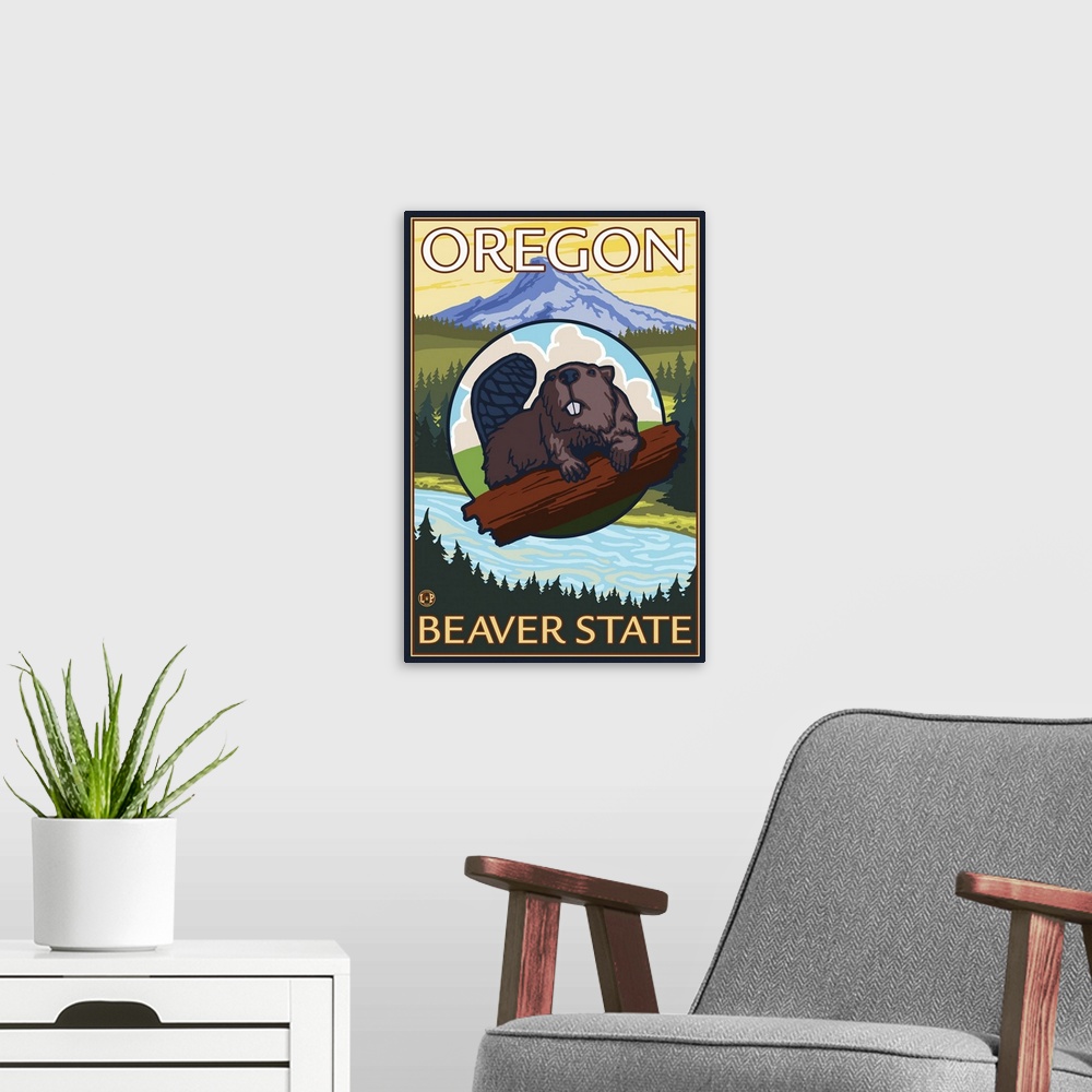 A modern room featuring Oregon Beaver - Mount Hood: Retro Travel Poster
