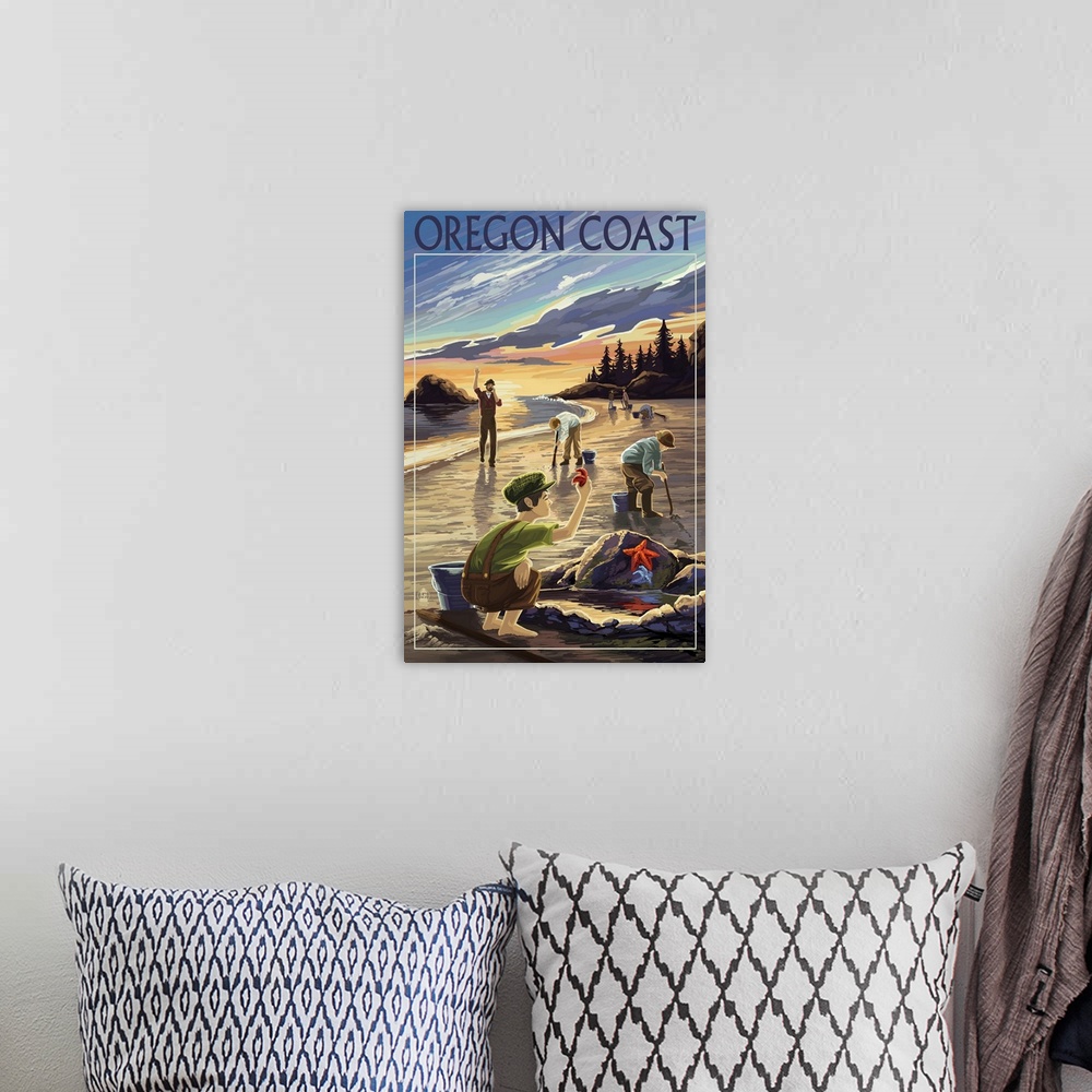 A bohemian room featuring Oregon Coast - Clam Diggers: Retro Travel Poster