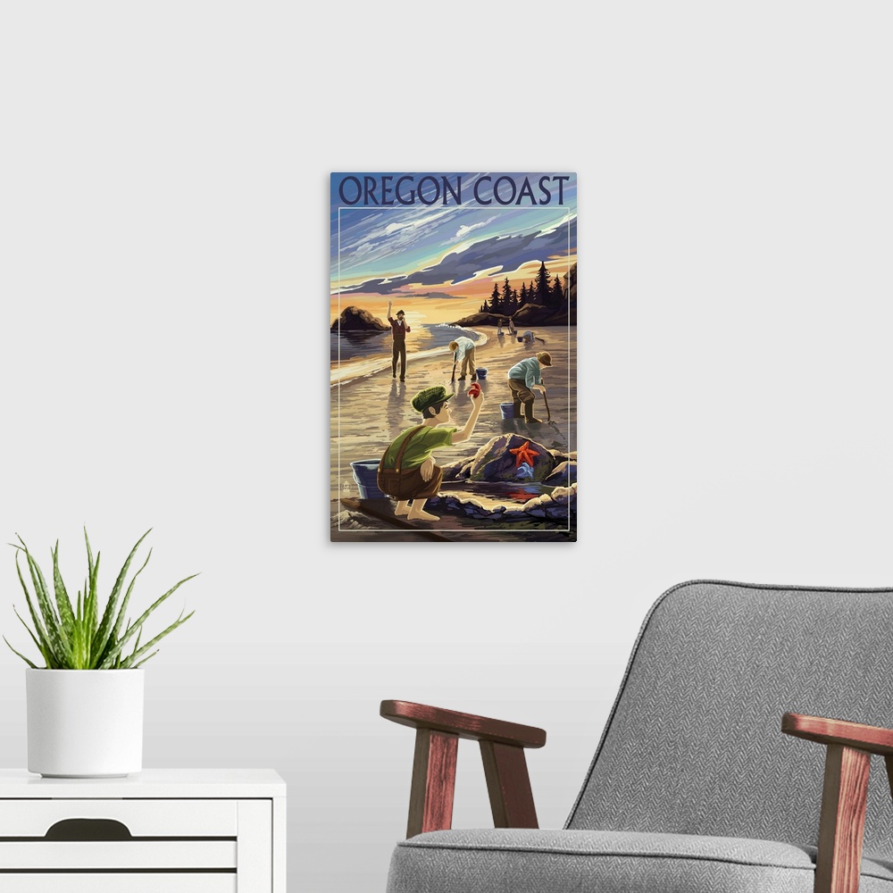 A modern room featuring Oregon Coast - Clam Diggers: Retro Travel Poster