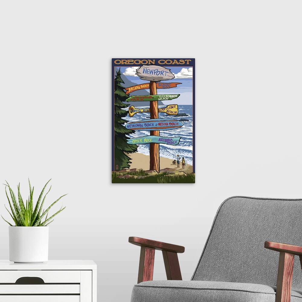 A modern room featuring Oregon Coast Destinations: Retro Travel Poster