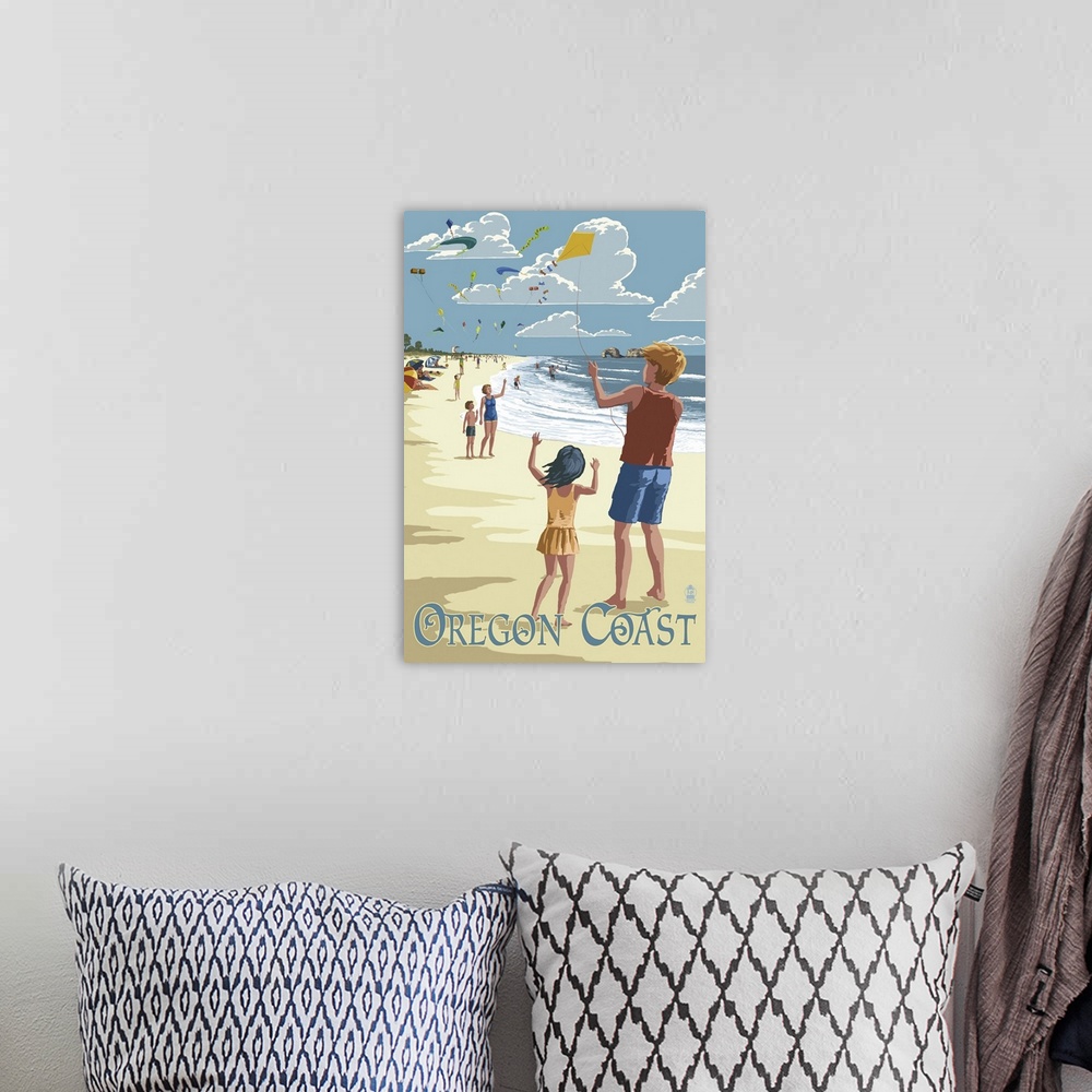 A bohemian room featuring Oregon Coast - Kite Flyers: Retro Travel Poster