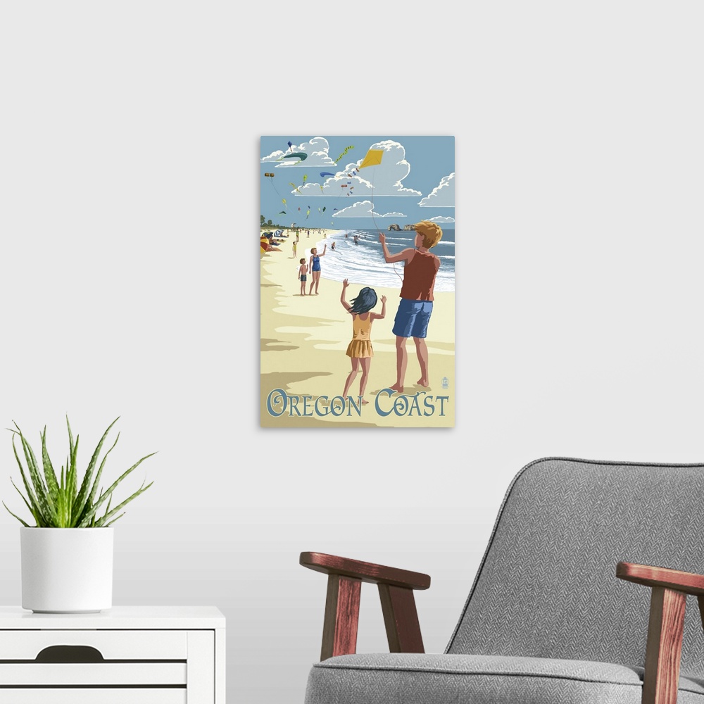 A modern room featuring Oregon Coast - Kite Flyers: Retro Travel Poster