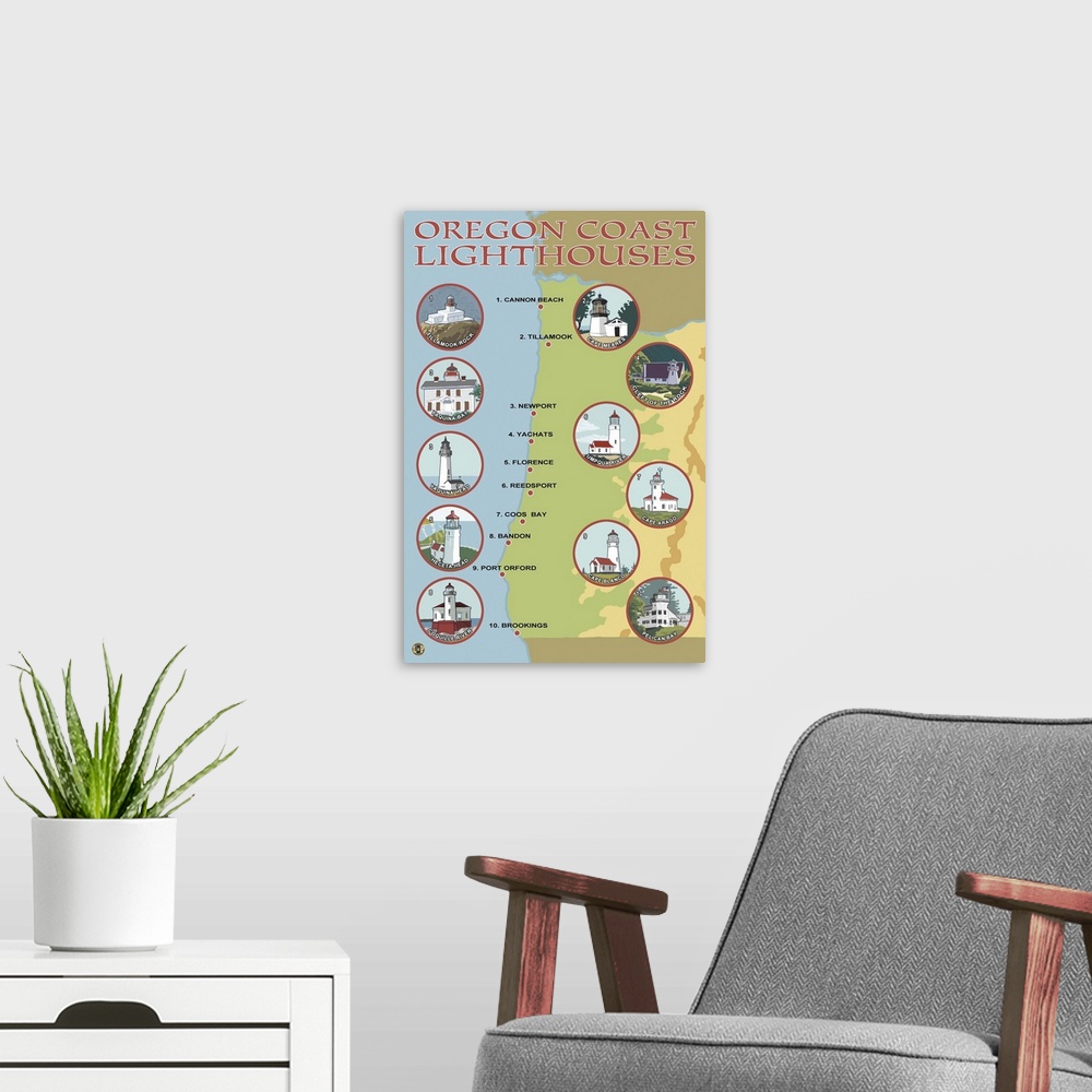 A modern room featuring Oregon Coast Lighthouses: Retro Travel Poster