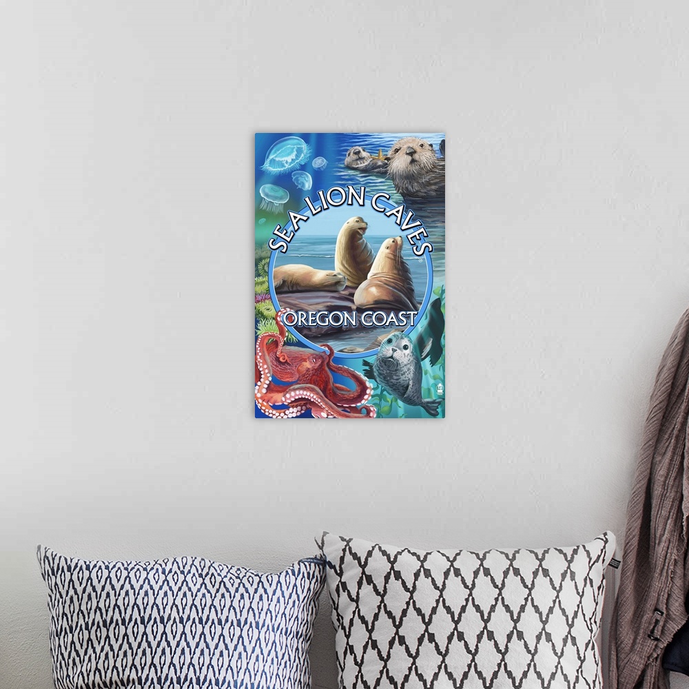 A bohemian room featuring Retro stylized art poster of a montage of images of wildlife.