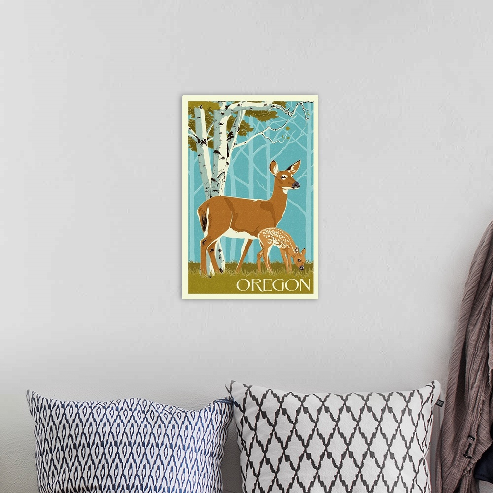 A bohemian room featuring Oregon - Deer and Fawn - Letterpress: Retro Travel Poster