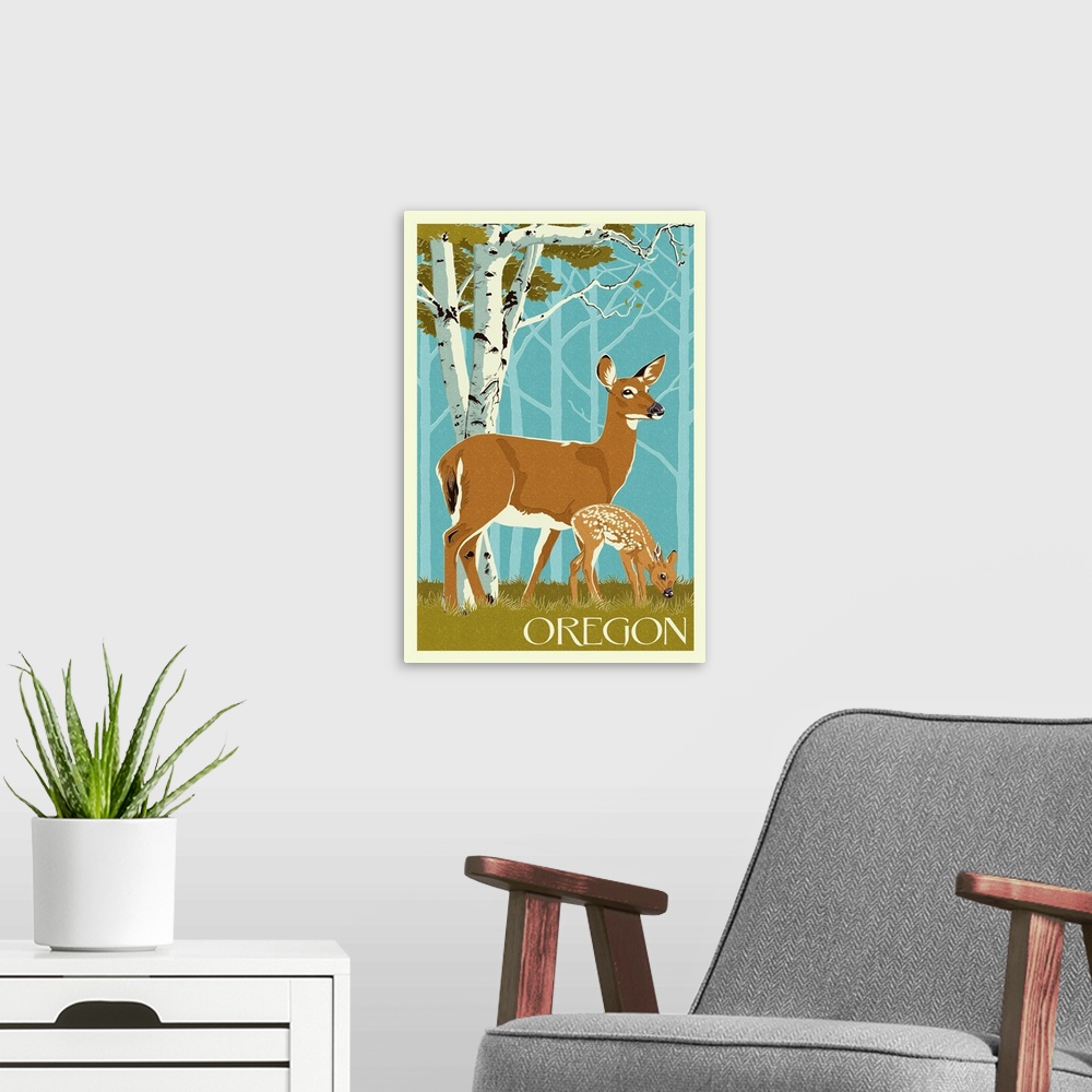 A modern room featuring Oregon - Deer and Fawn - Letterpress: Retro Travel Poster