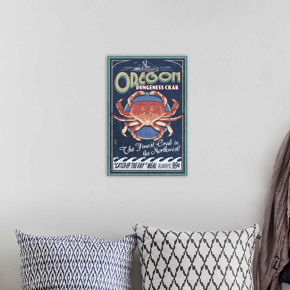 A bohemian room featuring Oregon - Dungeness Crab Vintage Sign: Retro Travel Poster