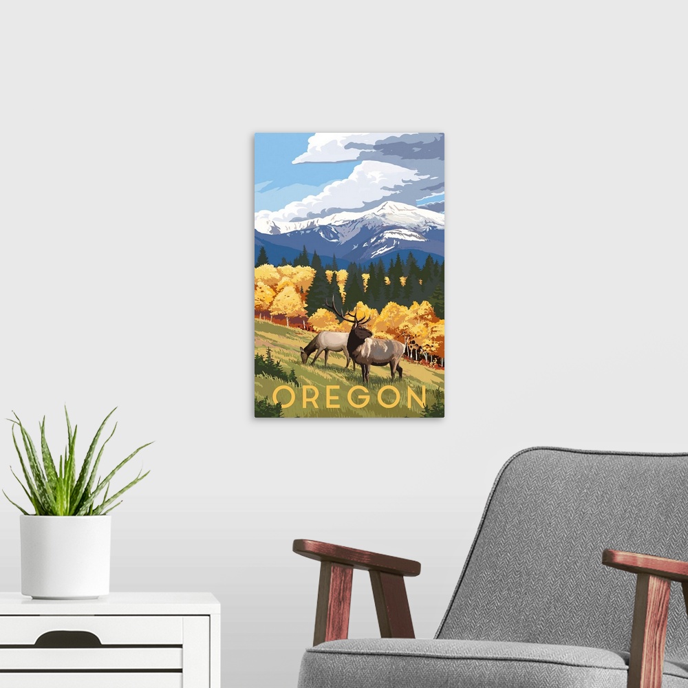 A modern room featuring Oregon - Elk and Mountains