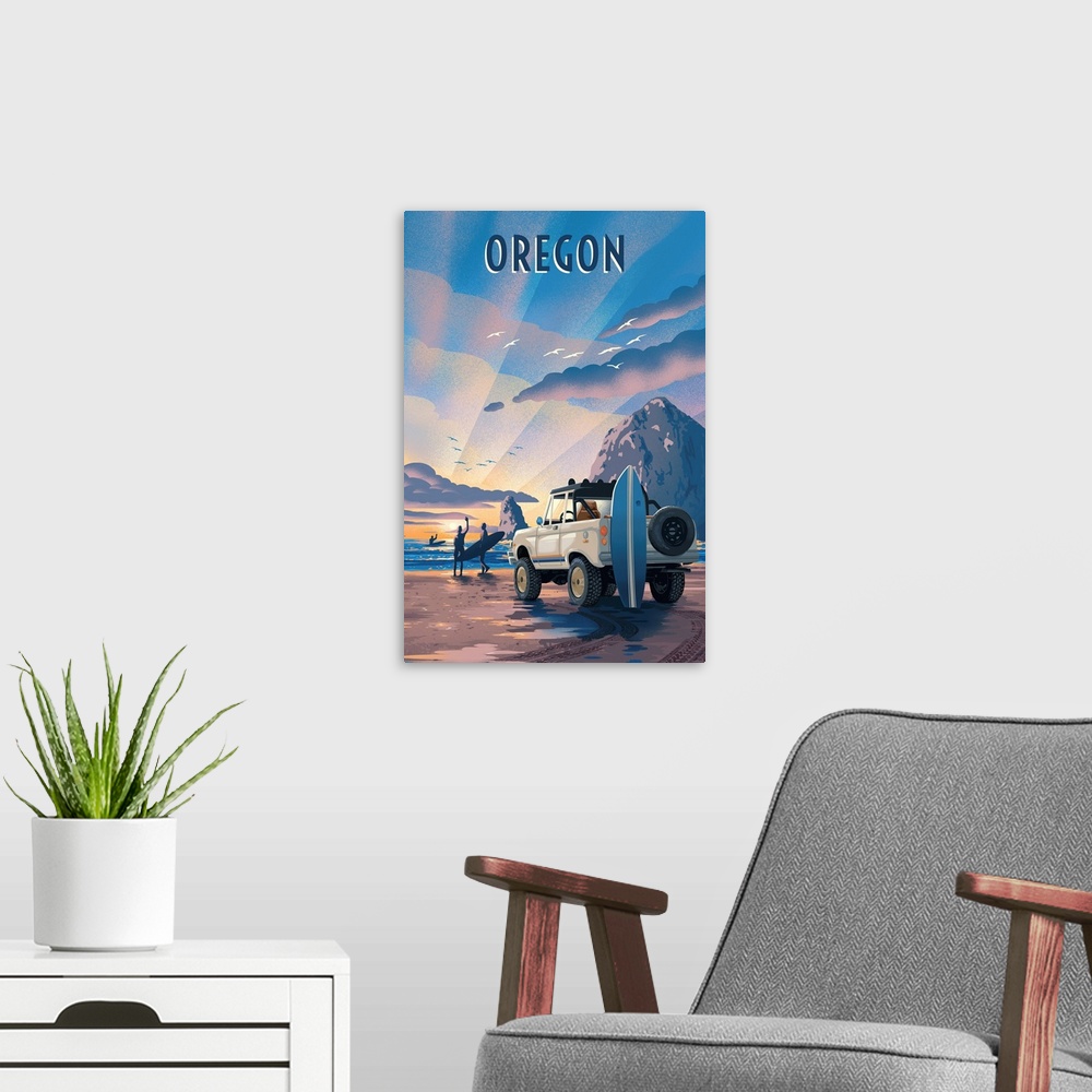 A modern room featuring Oregon - Lithograph - Surfers on Beach