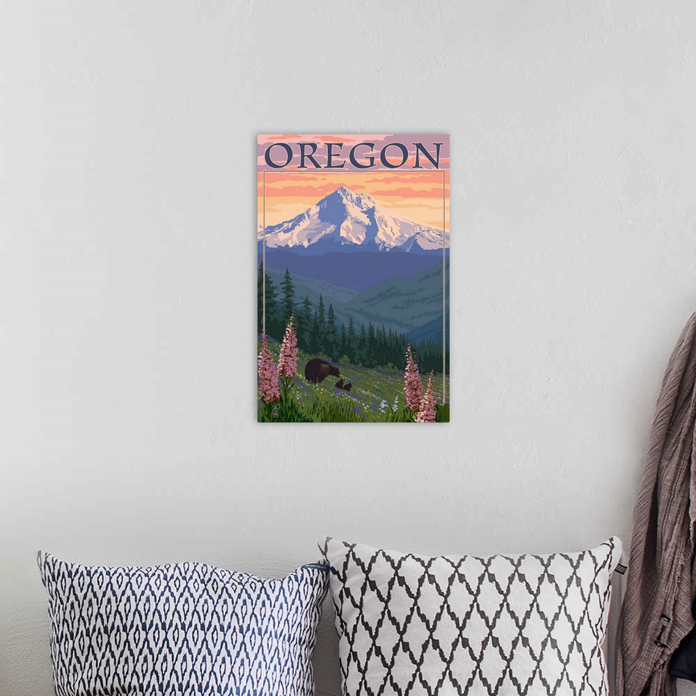 A bohemian room featuring Oregon - Mt. Hood Bear Family and Spring Flowers: Retro Travel Poster