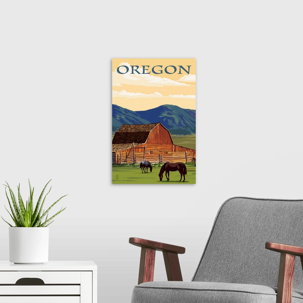 A modern room featuring Oregon - Red Barn & Horses