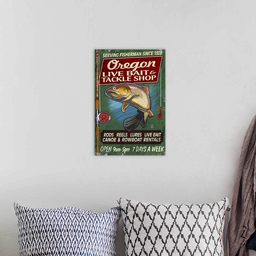 A bohemian room featuring Oregon - Tackle Shop Trout Vintage Sign: Retro Travel Poster