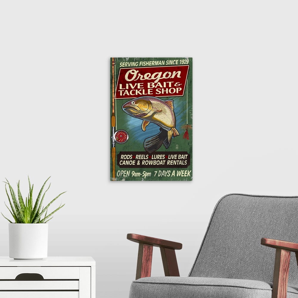 A modern room featuring Oregon - Tackle Shop Trout Vintage Sign: Retro Travel Poster