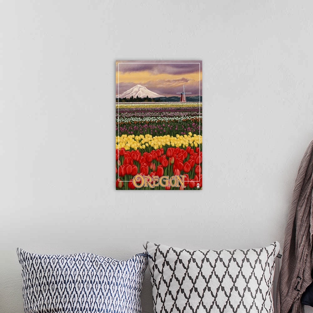 A bohemian room featuring Oregon Tulip Farm: Retro Travel Poster