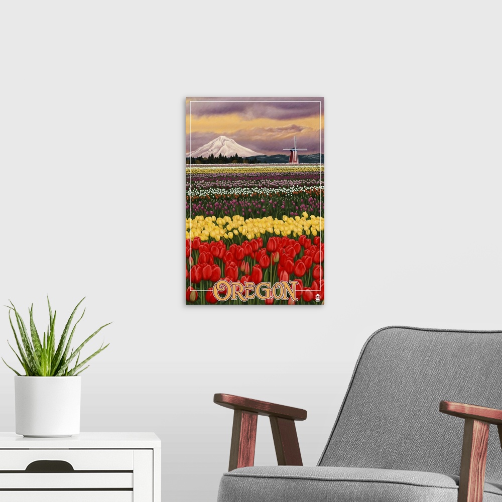 A modern room featuring Oregon Tulip Farm: Retro Travel Poster
