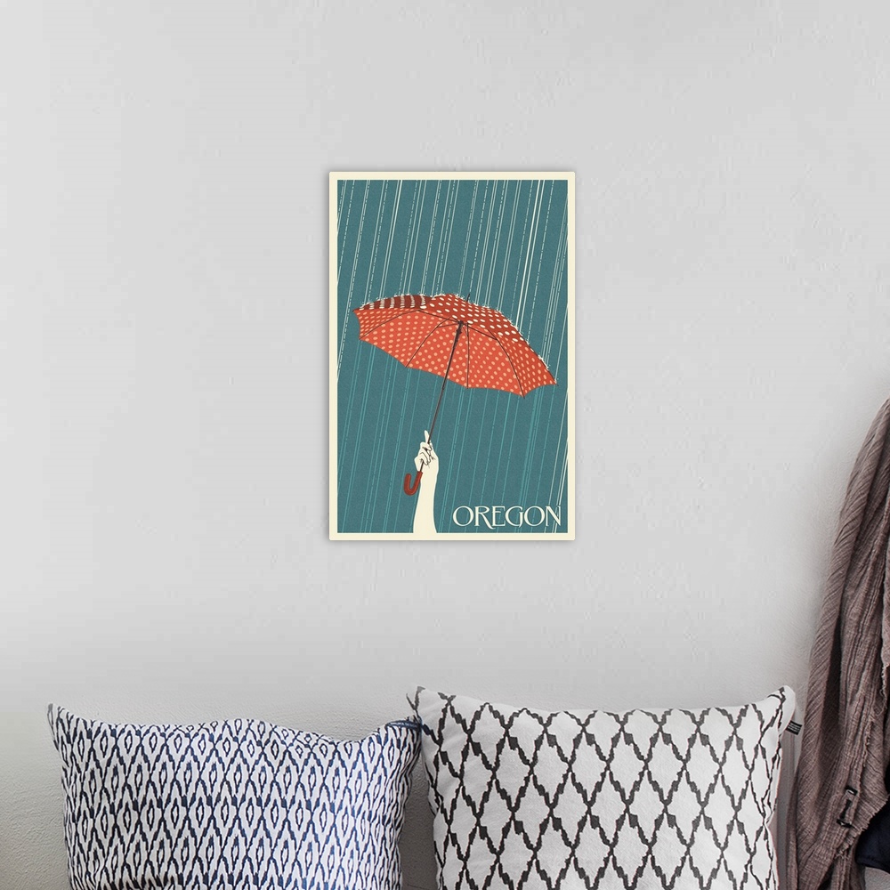 A bohemian room featuring Oregon - Umbrella - Letterpress: Retro Travel Poster