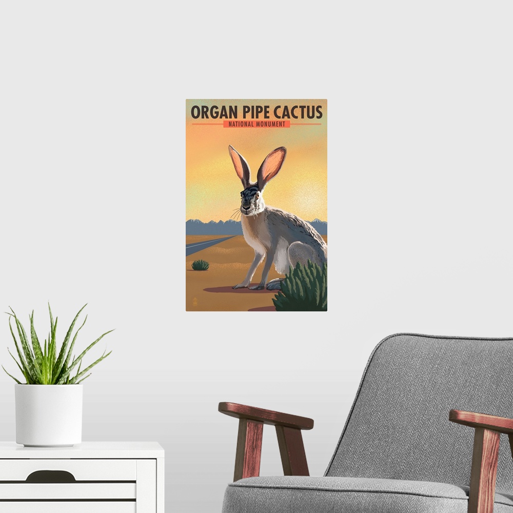A modern room featuring Organ Pipe Cactus National Monument, Arizona - Jackrabbit - Lithograph