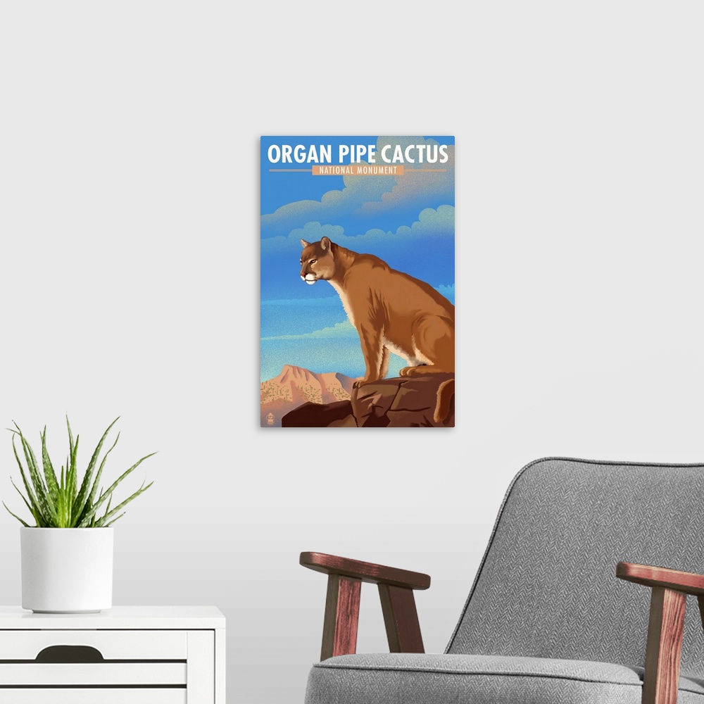 A modern room featuring Organ Pipe Cactus National Monument, Arizona - Mountain Lion - Lithograph